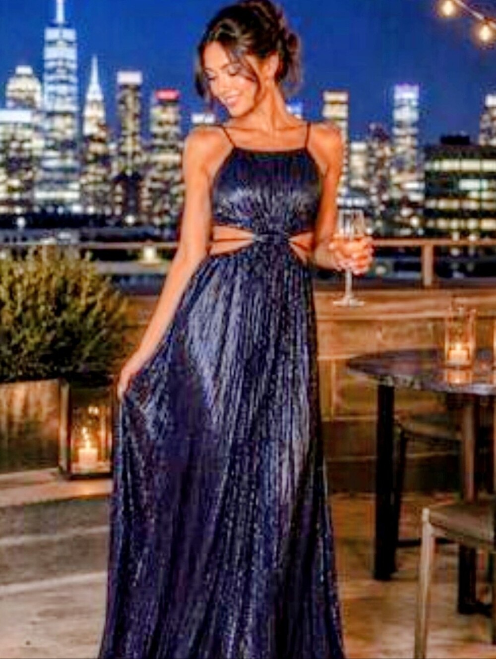 Navy Metallic Pleated Maxi Dress - Spaghetti Strap Evening Gown
